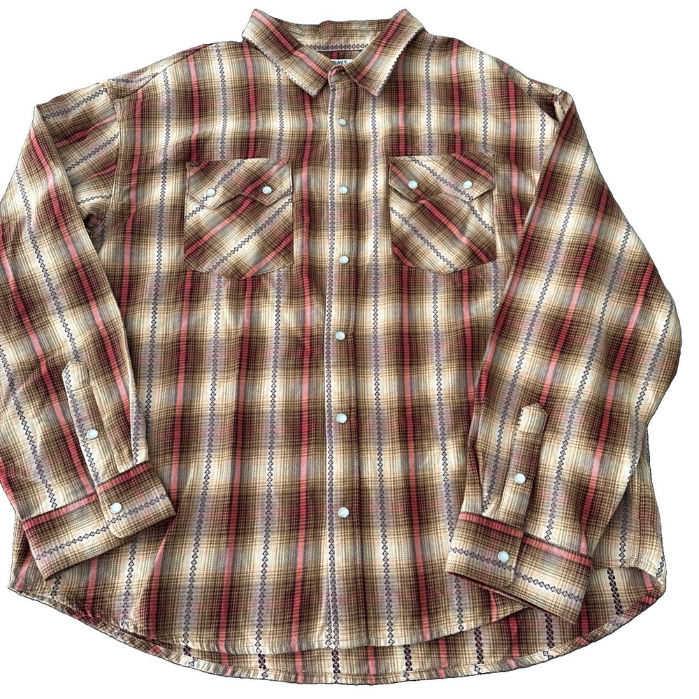 Old Navy Button up Shirt Mens L Western Pearl Snap Shirt Cotton Plaid Brown Red
